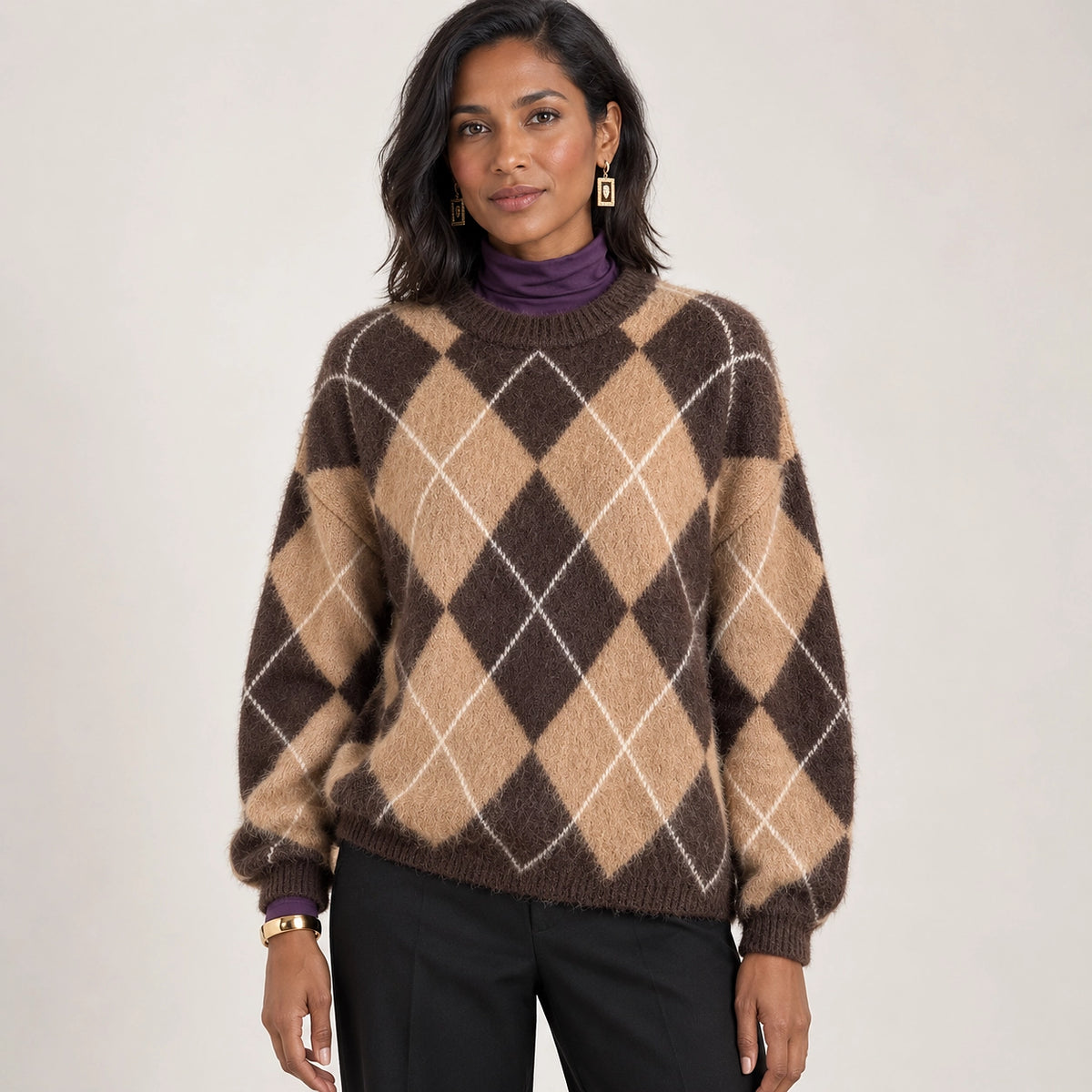 Halwyn Argyle Knit Sweater — Brown (apparel front)