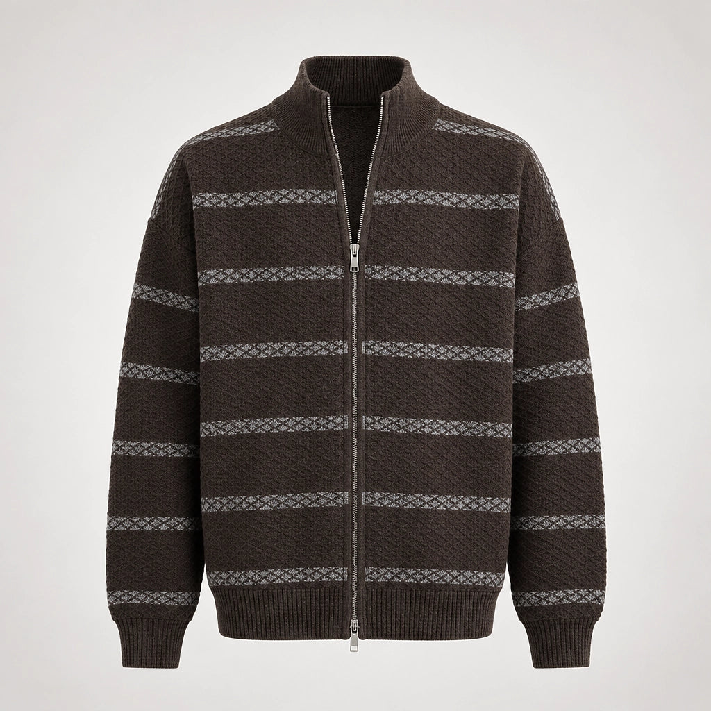 Drevon Striped Knit Cardigan — Brown (apparel solo)
