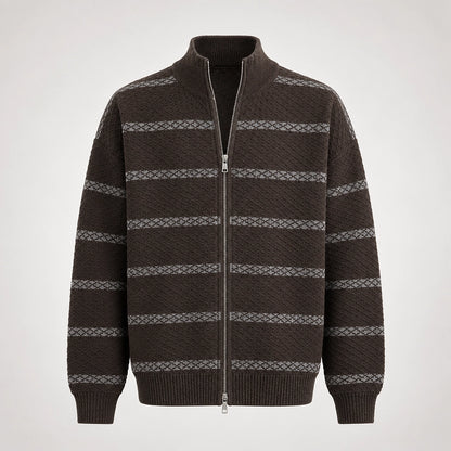 Drevon Striped Knit Cardigan — Brown (apparel solo)