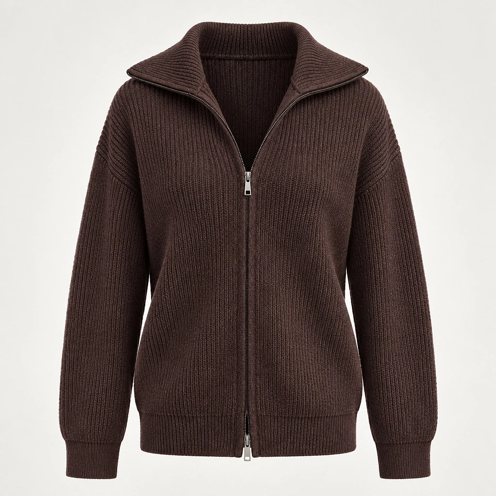 Pelara Ribbed Knit Cardigan — Brown (apparel solo)