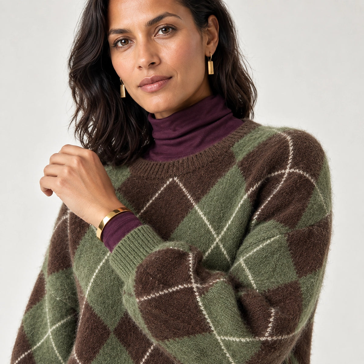 Halwyn Argyle Knit Sweater — Brown Argyle (apparel detail)