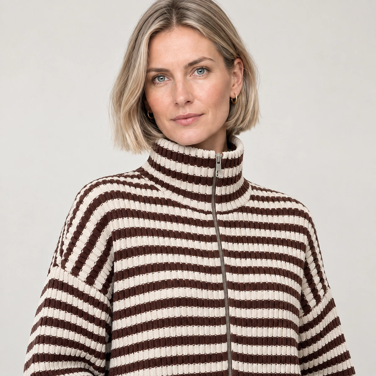 Breval Ribbed Zip Sweater — Brown & Cream Stripe (apparel detail)