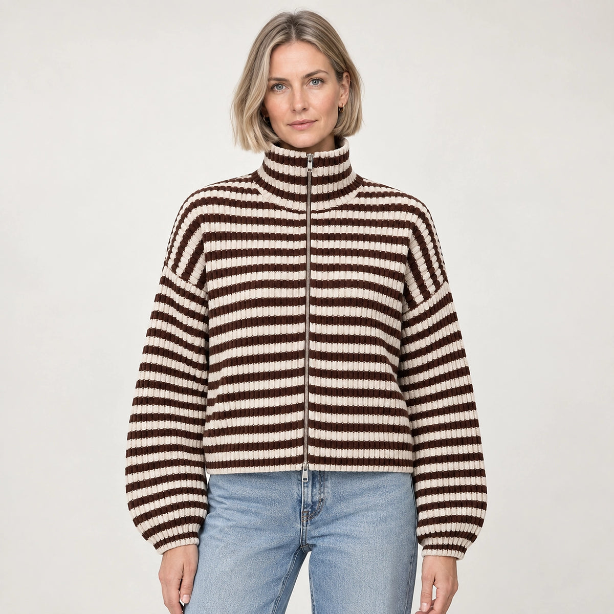 Breval Ribbed Zip Sweater — Brown & Cream Stripe (apparel front)