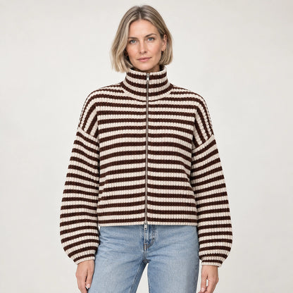 Breval Ribbed Zip Sweater — Brown & Cream Stripe (apparel front)