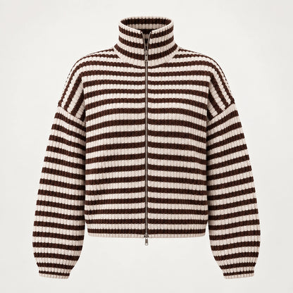 Breval Ribbed Zip Sweater — Brown & Cream Stripe (apparel solo)