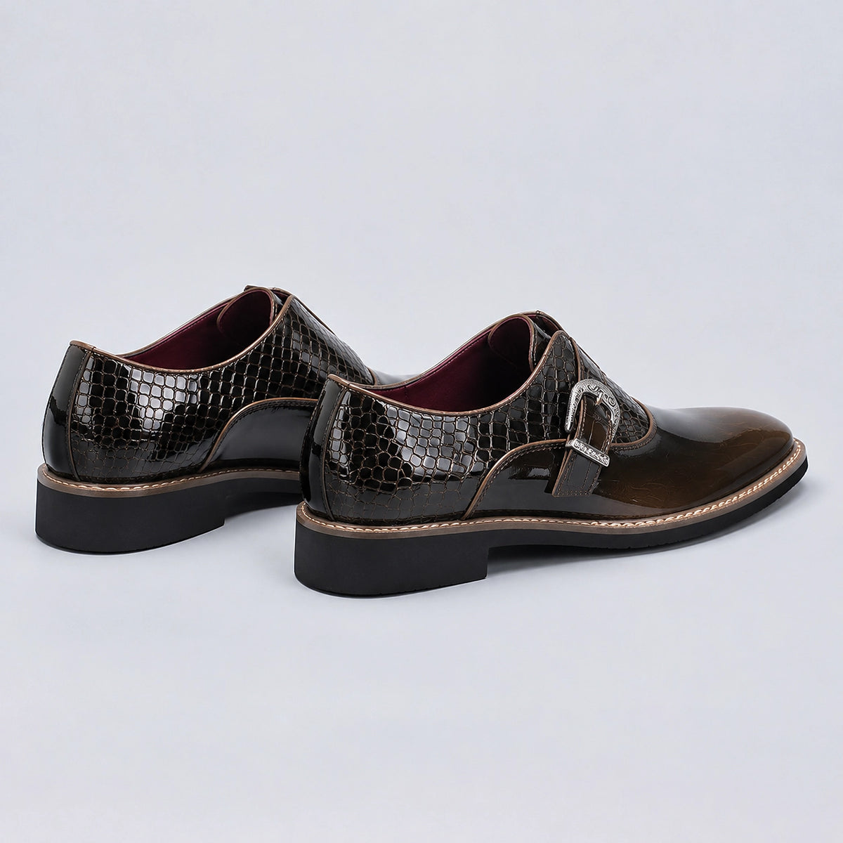 Halcourt Leather Monk Strap Loafers — Brown Crocodile (mens shoe angle)