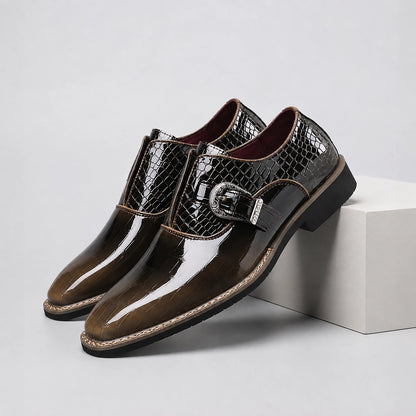 Halcourt Leather Monk Strap Loafers — Brown Crocodile (mens shoe pedestal)
