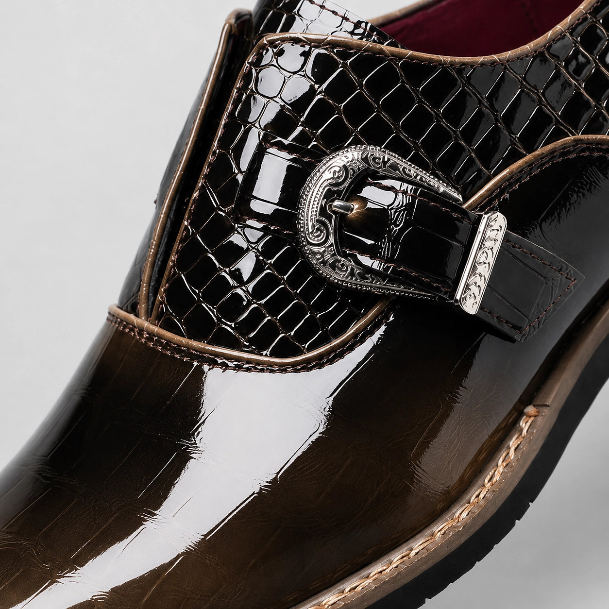 Halcourt Leather Monk Strap Loafers — Brown Crocodile (mens shoe zoom)