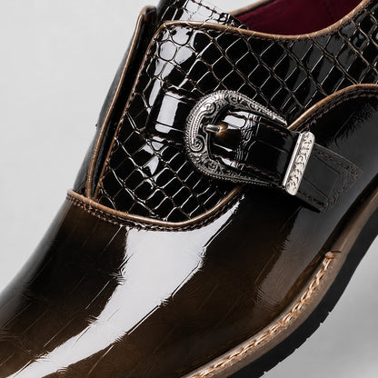 Halcourt Leather Monk Strap Loafers — Brown Crocodile (mens shoe zoom)