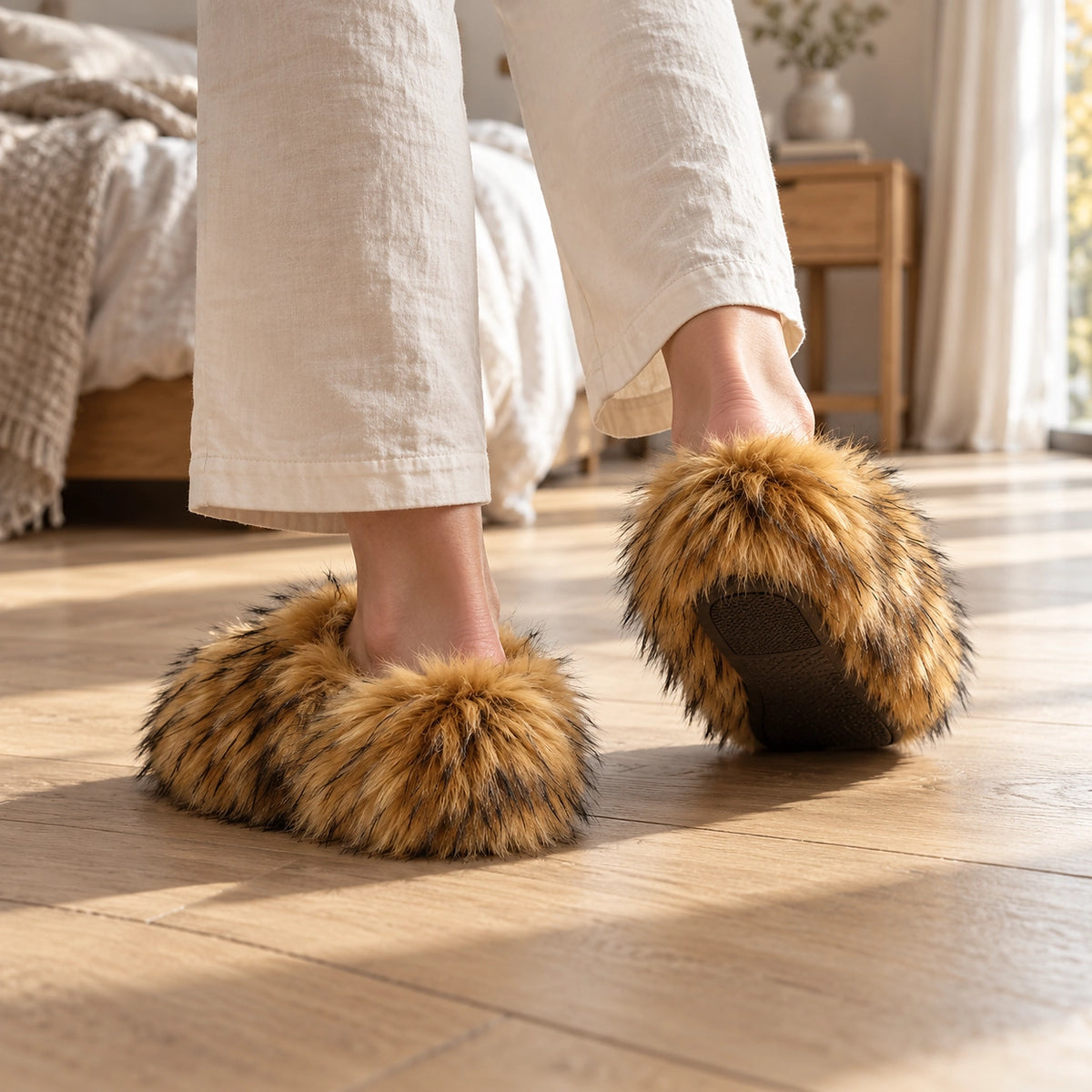 Fioravessa Plush Slippers — Brown (imitation Raccoon Fur) (footwear environment 3)