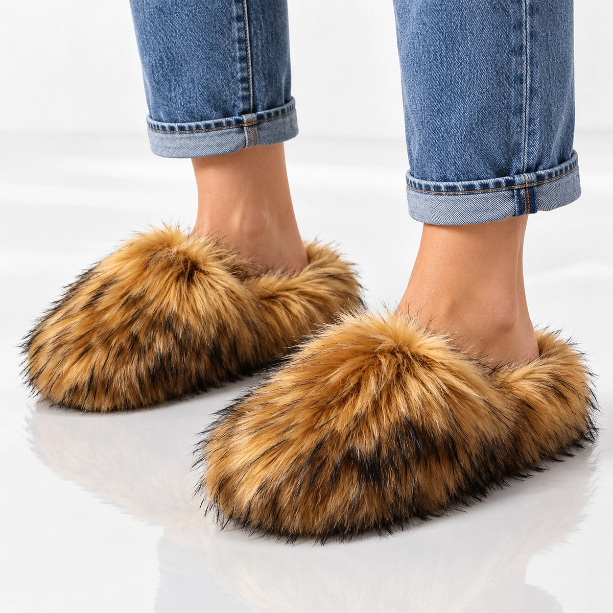 Fioravessa Plush Slippers — Brown (imitation Raccoon Fur) (womens shoe worn)