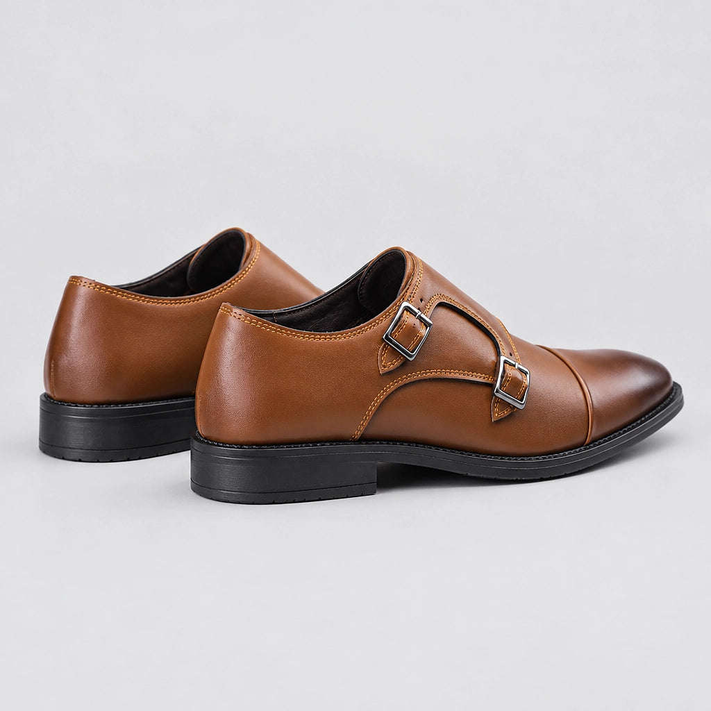 Halwick Leather Double Monk Shoes — Brown (mens shoe angle)