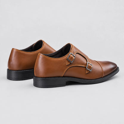Halwick Leather Double Monk Shoes — Brown (mens shoe angle)