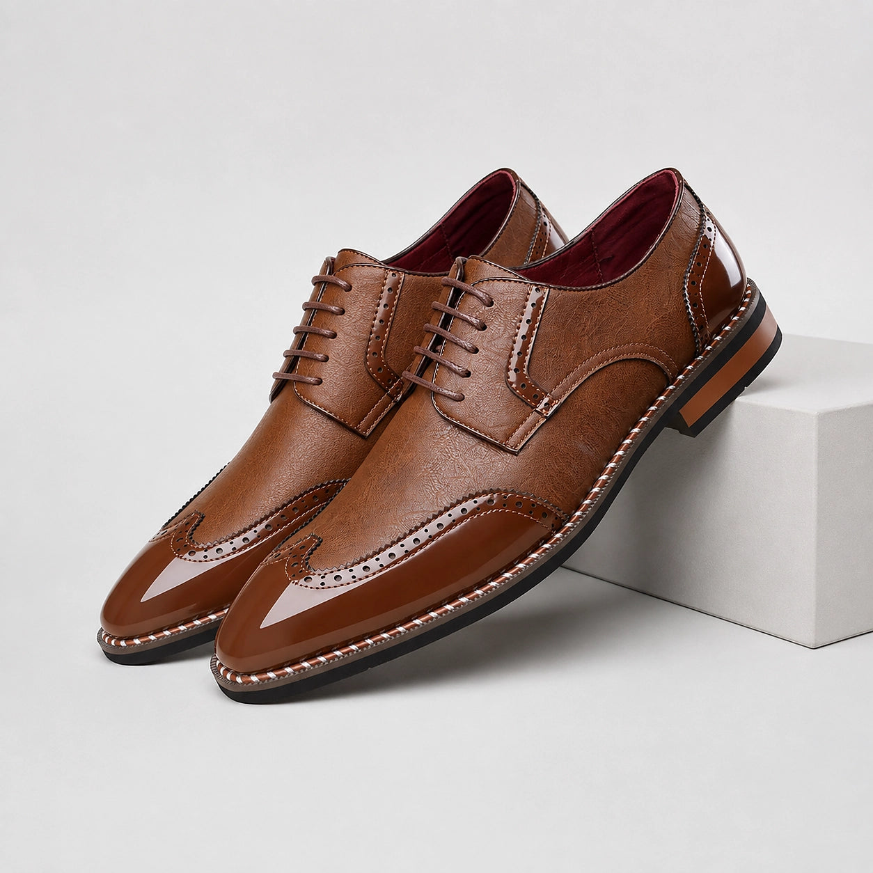 Daxton Leather Brogue Derby Oxfords — Brown (mens shoe pedestal)