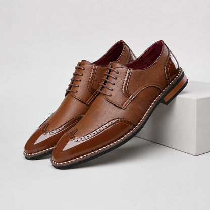 Daxton Leather Brogue Derby Oxfords — Brown (mens shoe pedestal)