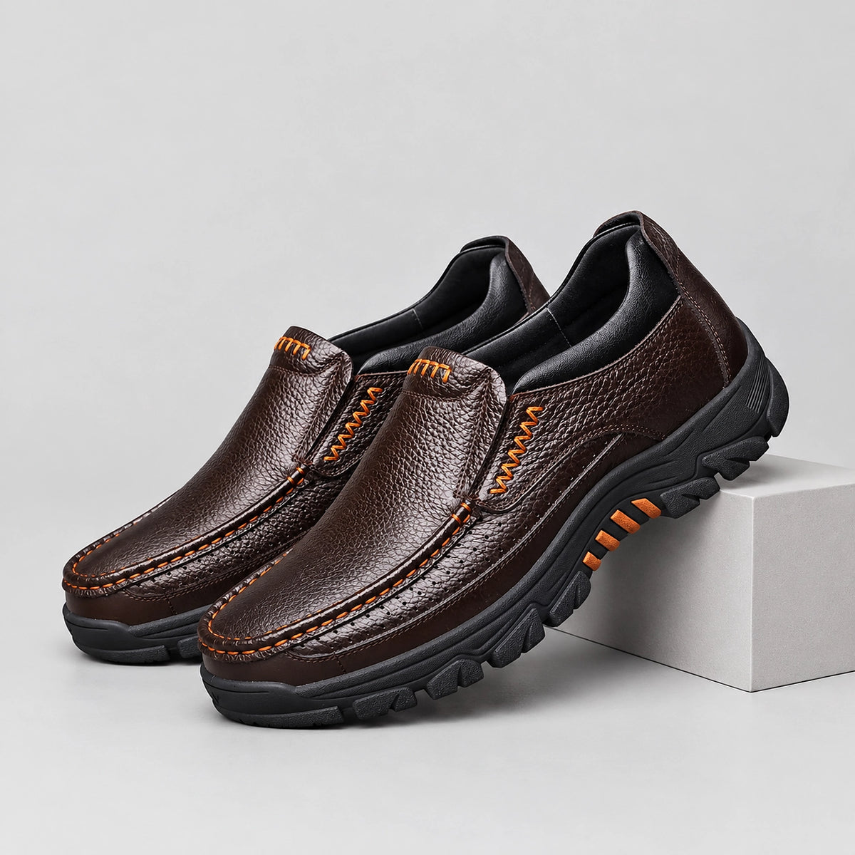 Halton Leather Slip-On Loafers — Brown (mens shoe pedestal)