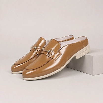 Halcourt Leather Horsebit Mule — Brown (mens shoe pedestal)