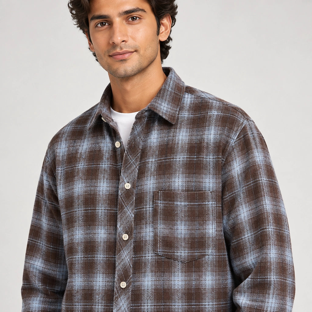 Delvano Plaid Flannel Shirt — Brown Plaid (apparel detail)