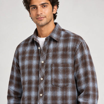 Delvano Plaid Flannel Shirt — Brown Plaid (apparel detail)