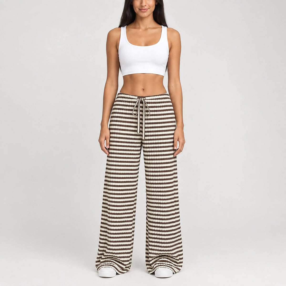 Delwyn Ribbed Drawstring Pants — Brown White Stripe (apparel detail)