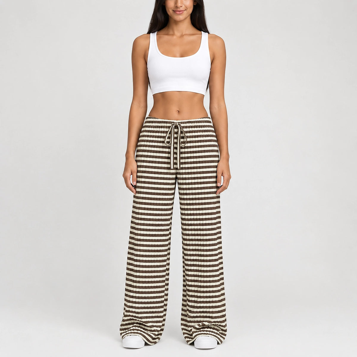 Delwyn Ribbed Drawstring Pants — Brown White Stripe (apparel front)