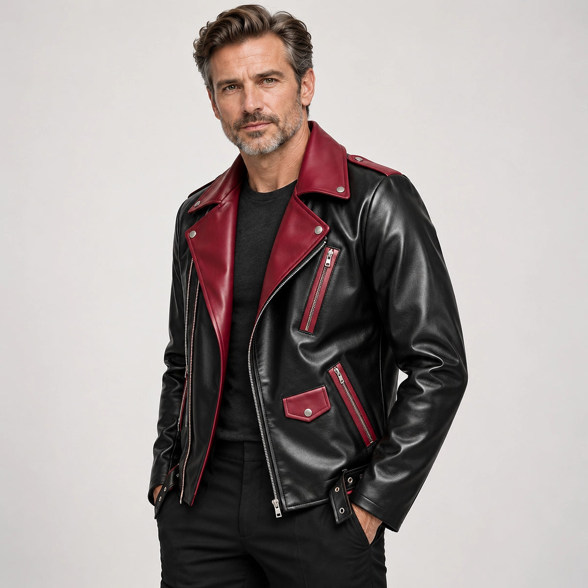 Marovienne Leather Biker Jacket — Burgundy (apparel angle)