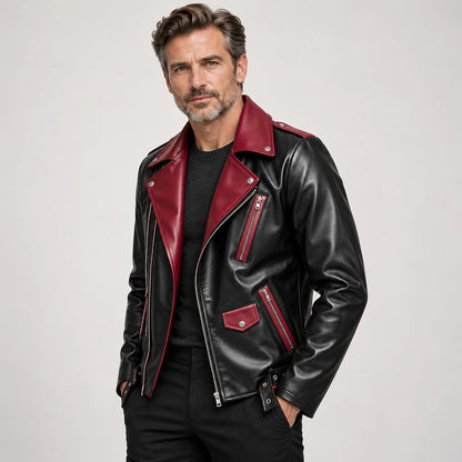 Marovienne Leather Biker Jacket — Burgundy (apparel angle)