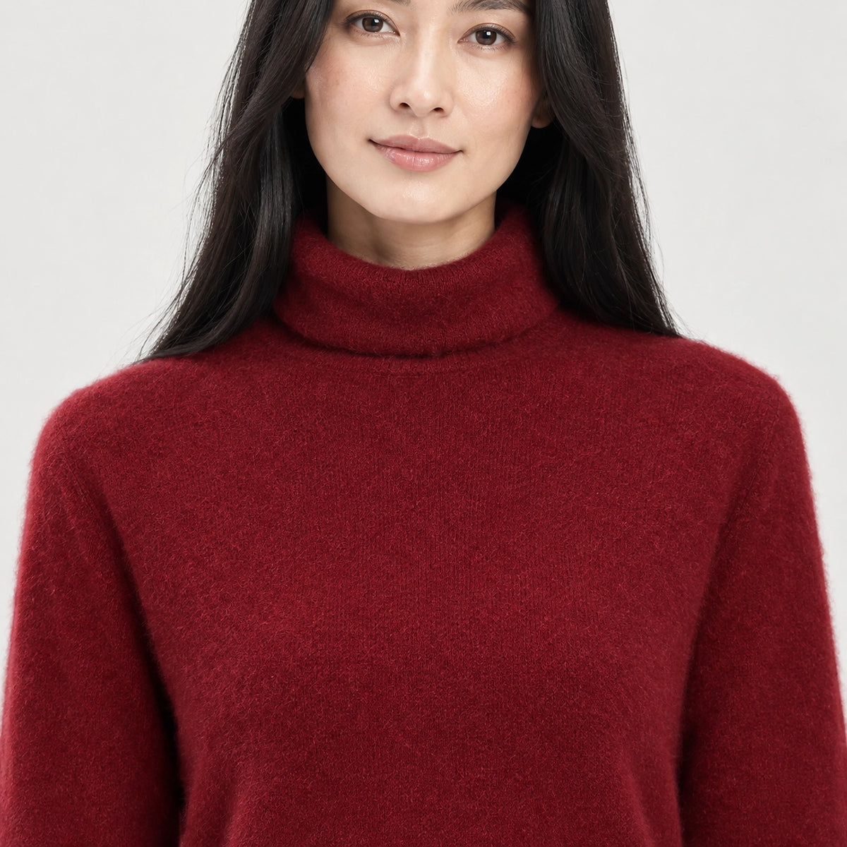 Delwyn Cashmere Turtleneck Sweater — Burgundy (apparel detail)