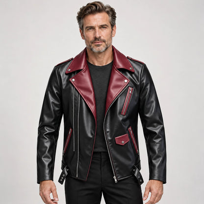 Marovienne Leather Biker Jacket — Burgundy (apparel front)