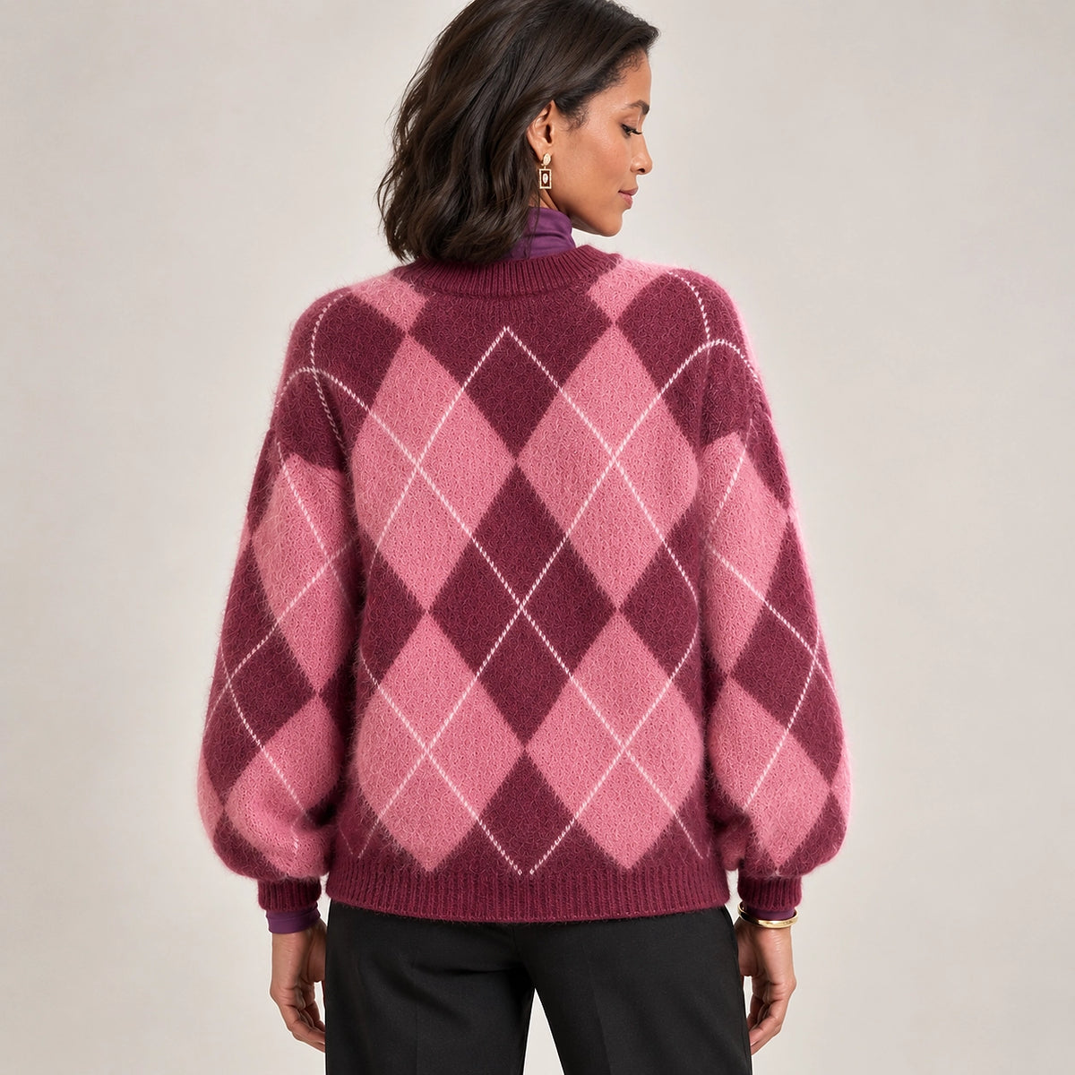 Halwyn Argyle Knit Sweater — Burgundy Argyle (apparel back)
