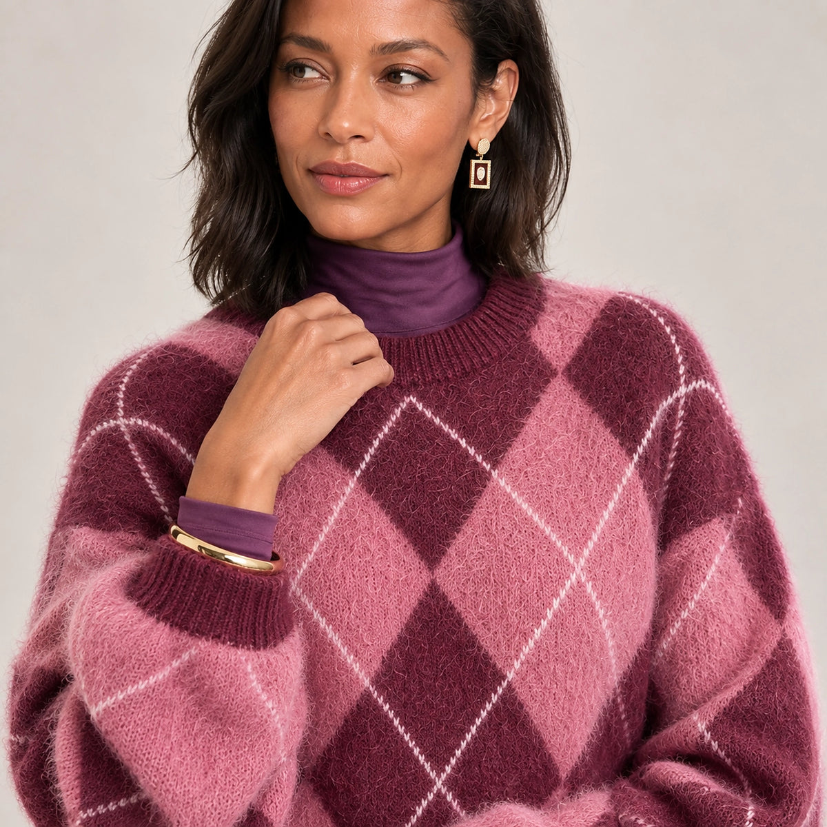 Halwyn Argyle Knit Sweater — Burgundy Argyle (apparel detail)