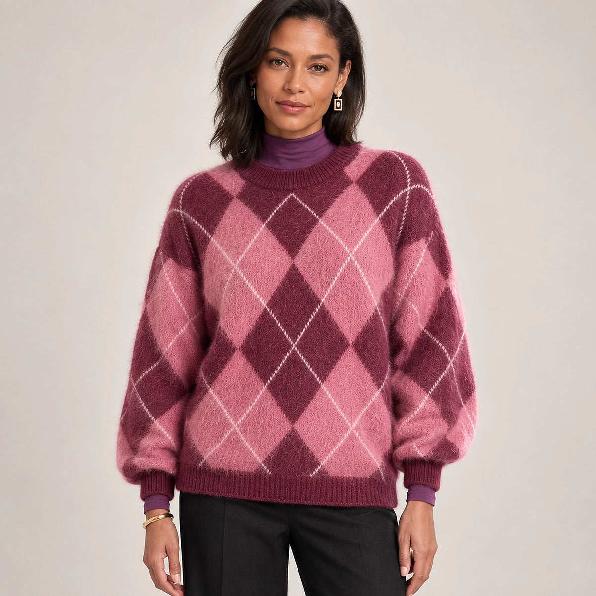 Halwyn Argyle Knit Sweater — Burgundy Argyle (apparel front)