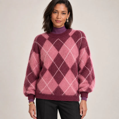Halwyn Argyle Knit Sweater — Burgundy Argyle (apparel front)