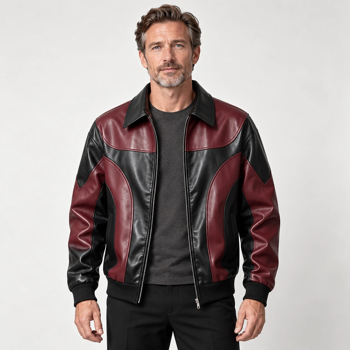 Dovek Leather Bomber Jacket — Burgundy & Black (apparel front)