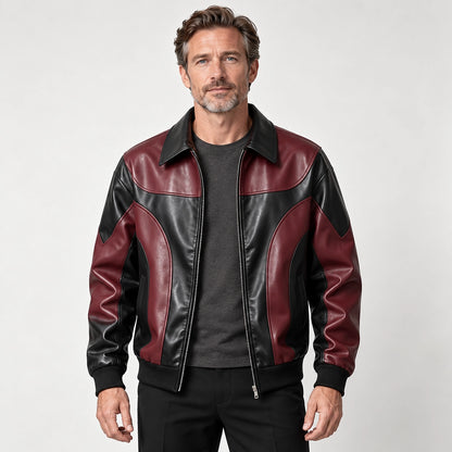 Dovek Leather Bomber Jacket — Burgundy & Black (apparel front)