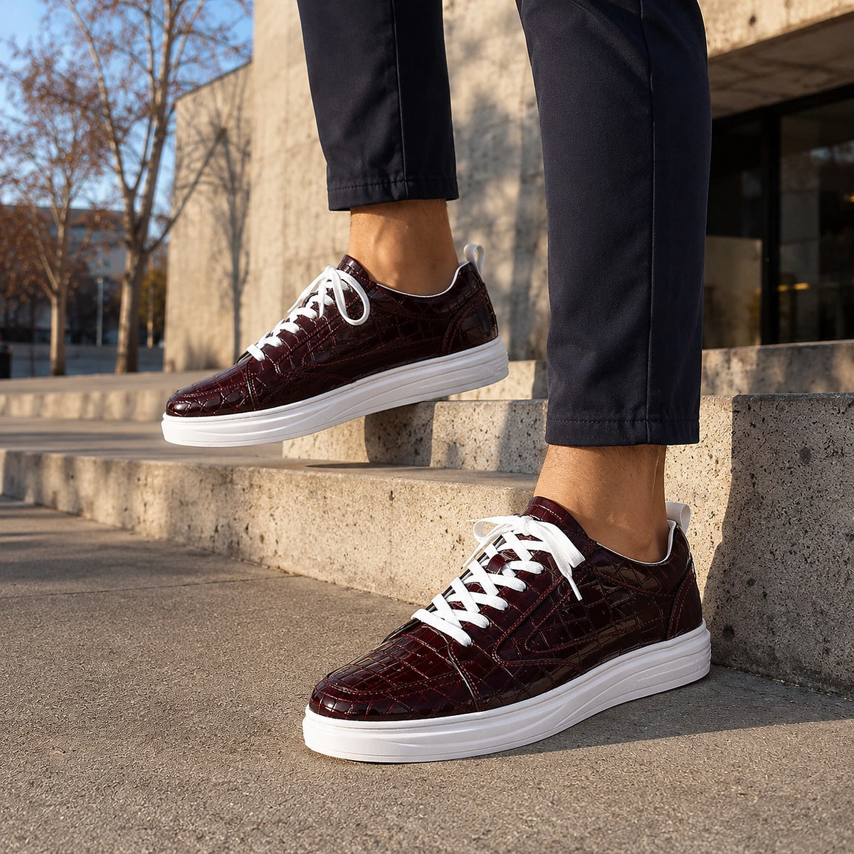 Dalvero Leather Croc-Embossed Sneakers — Burgundy (footwear environment 2)