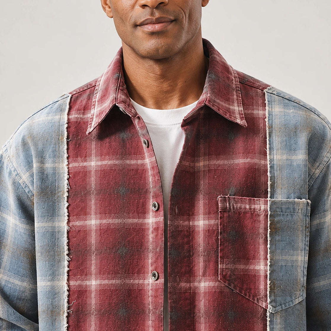 Halcott Cotton Patchwork Shirt — Burgundy Plaid (apparel detail)
