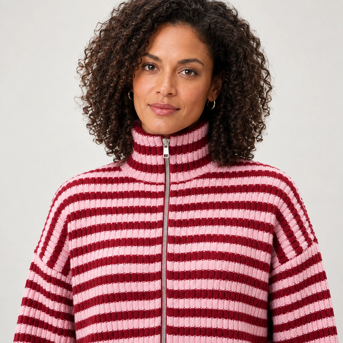Breval Ribbed Zip Sweater — Burgundy & White Stripe (apparel detail)