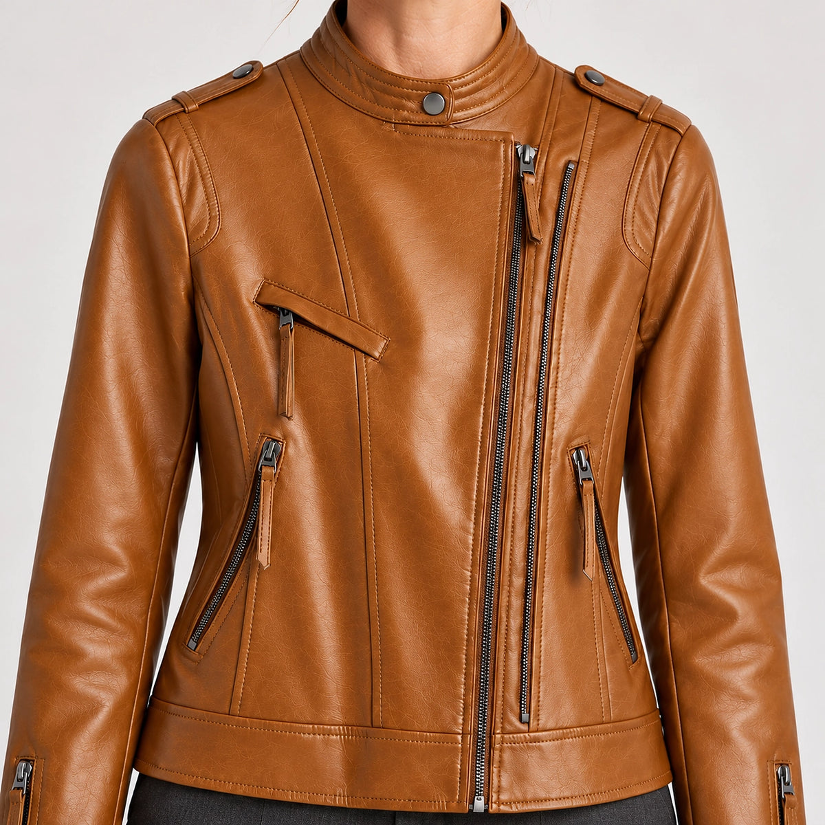 Brynn Leather Biker Jacket — Camel (apparel detail)