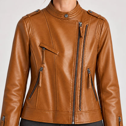 Brynn Leather Biker Jacket — Camel (apparel detail)