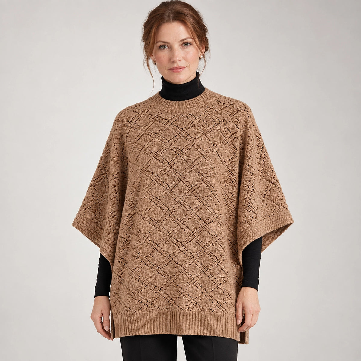 Dalvey Wool Knit Poncho — Camel (apparel front)