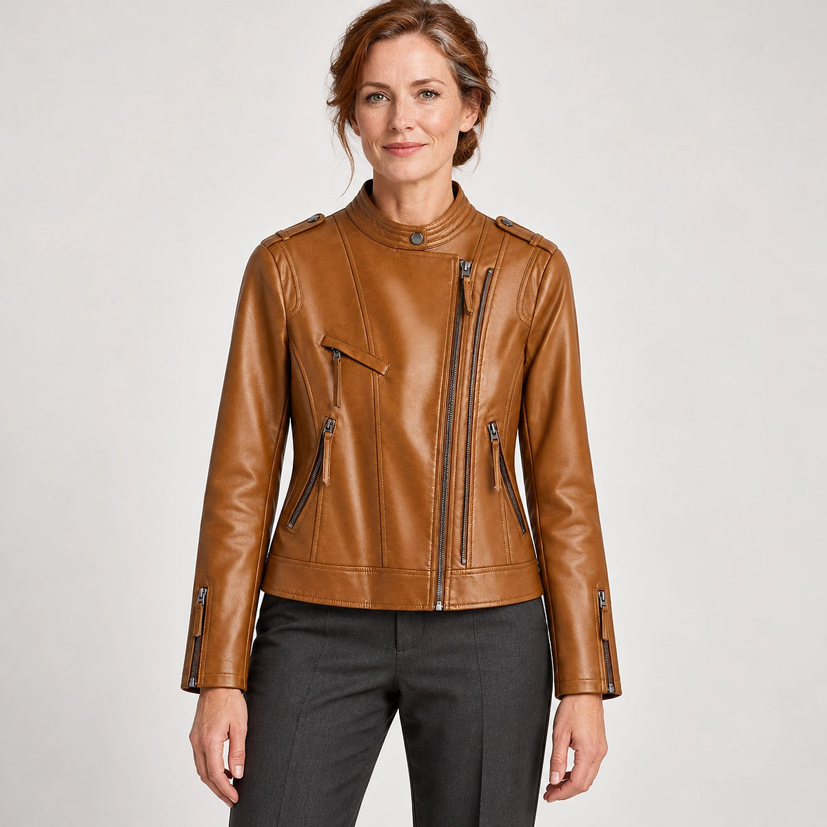 Brynn Leather Biker Jacket — Camel (apparel front)