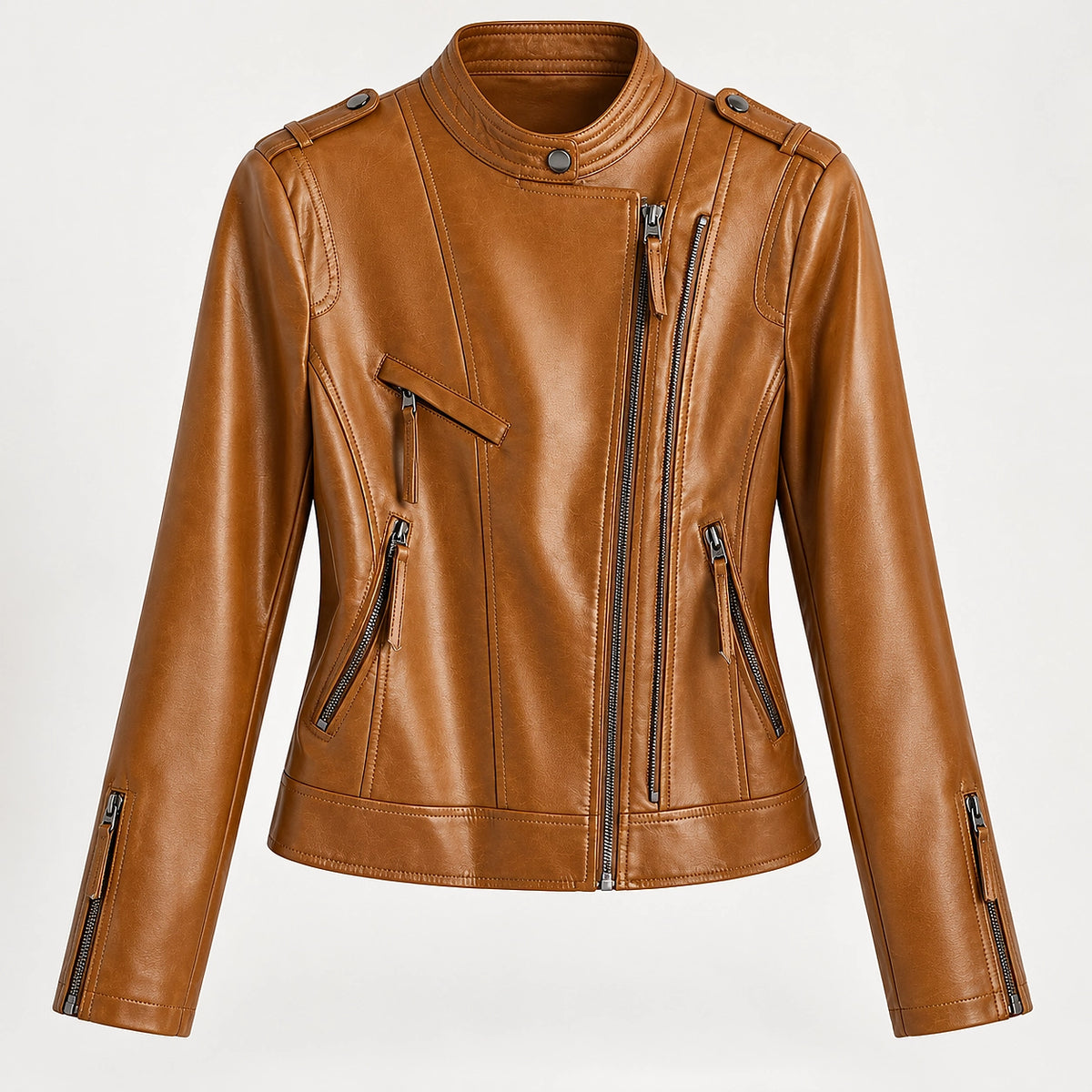 Brynn Leather Biker Jacket — Camel (apparel solo)