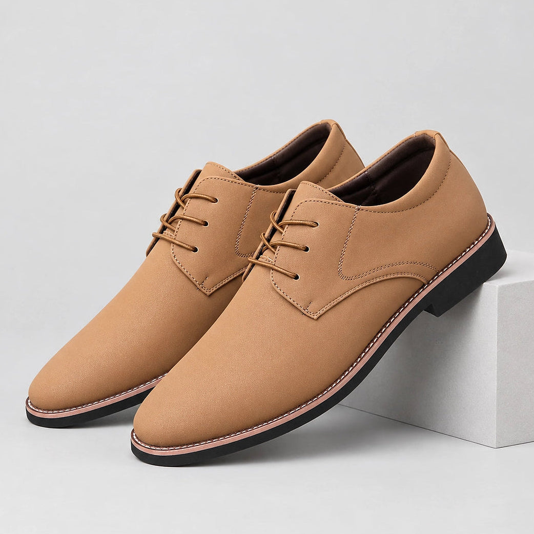 Halkirk Leather Derby Oxfords — Camel (mens shoe pedestal)
