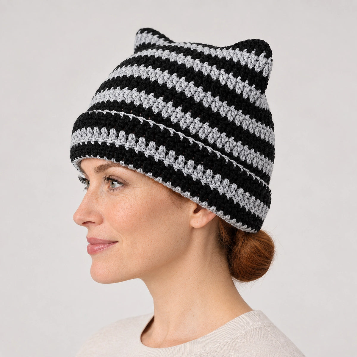 Delphi Cat Ear Crochet Beanie — Cd61300 Gray Black (headwear model alt)