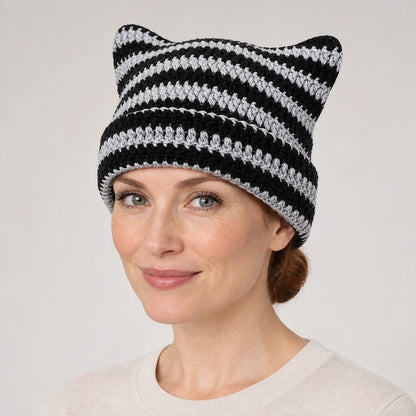 Delphi Cat Ear Crochet Beanie — Cd61300 Gray Black (headwear model front)
