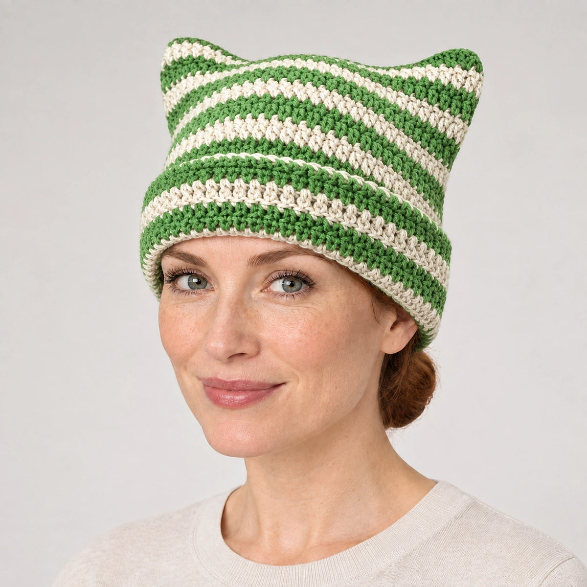 Delphi Cat Ear Crochet Beanie — Cd61300 Green Rice (headwear model front)