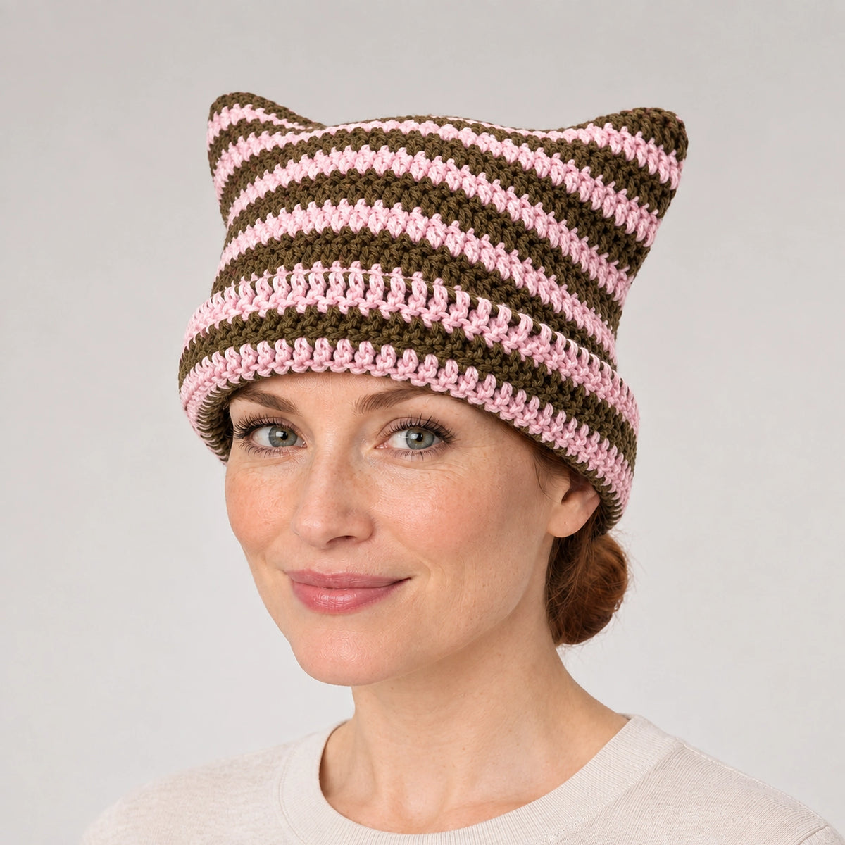 Delphi Cat Ear Crochet Beanie — Cd61300 Pink (headwear model front)