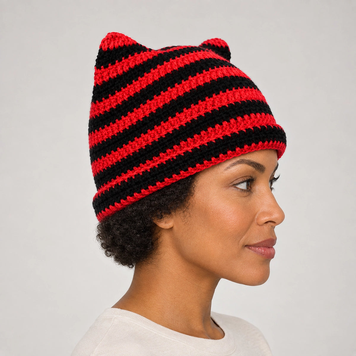 Delphi Cat Ear Crochet Beanie — Cd61300 Red And Black (headwear model alt)