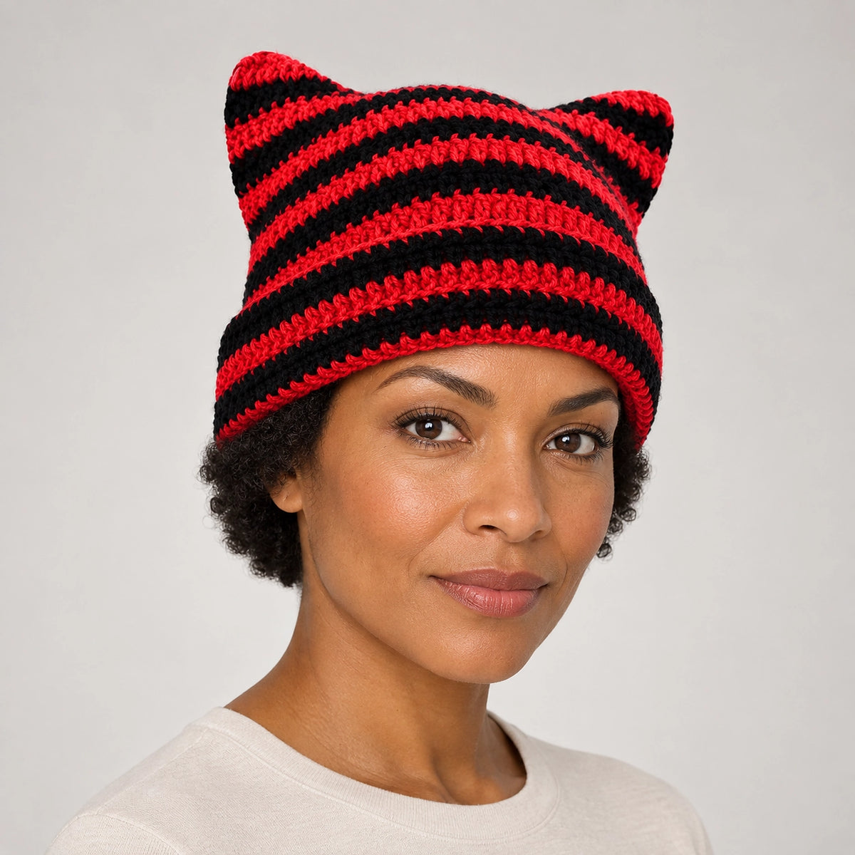 Delphi Cat Ear Crochet Beanie — Cd61300 Red And Black (headwear model front)